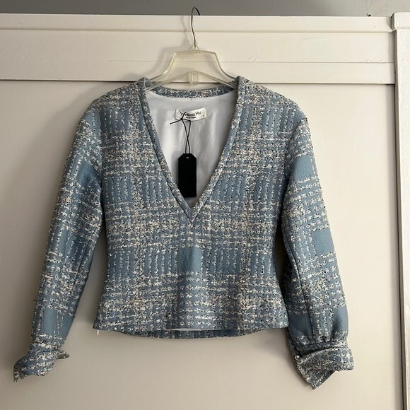 NWT Vivienne Hu Light Blue Plaid Tweed V-Neck Top Size: 2 PLEASE SEE ALL PHOTOS - Picture 1 of 14